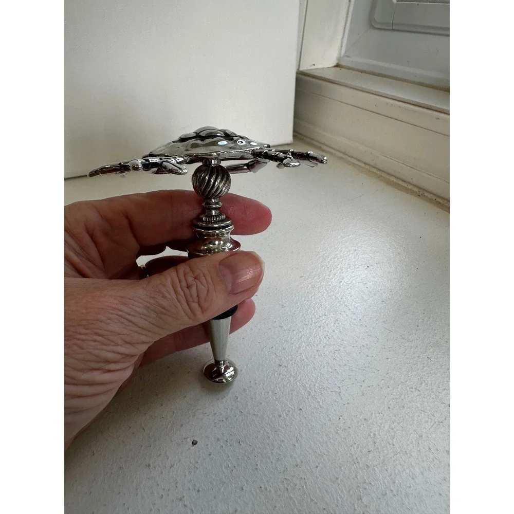 Silver Tone Crab Wine Bottle Stopper Nautical Coastal Barware Accessory